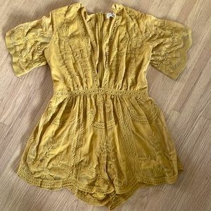 Honey punch, lace romper, bohemian, mustard yellow